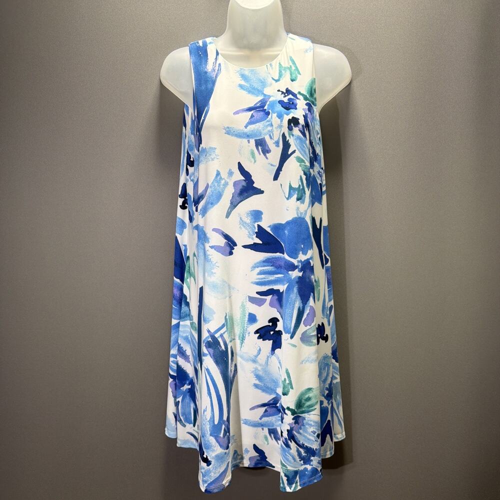 Ann Klein Watercolor Print Dress Sz 8 Blue White Turquoise Sleeveless Sheath